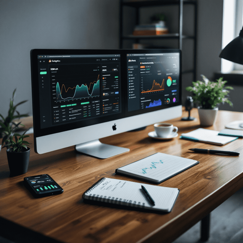 monitor mostrando a análise preditiva e tendencias de seo