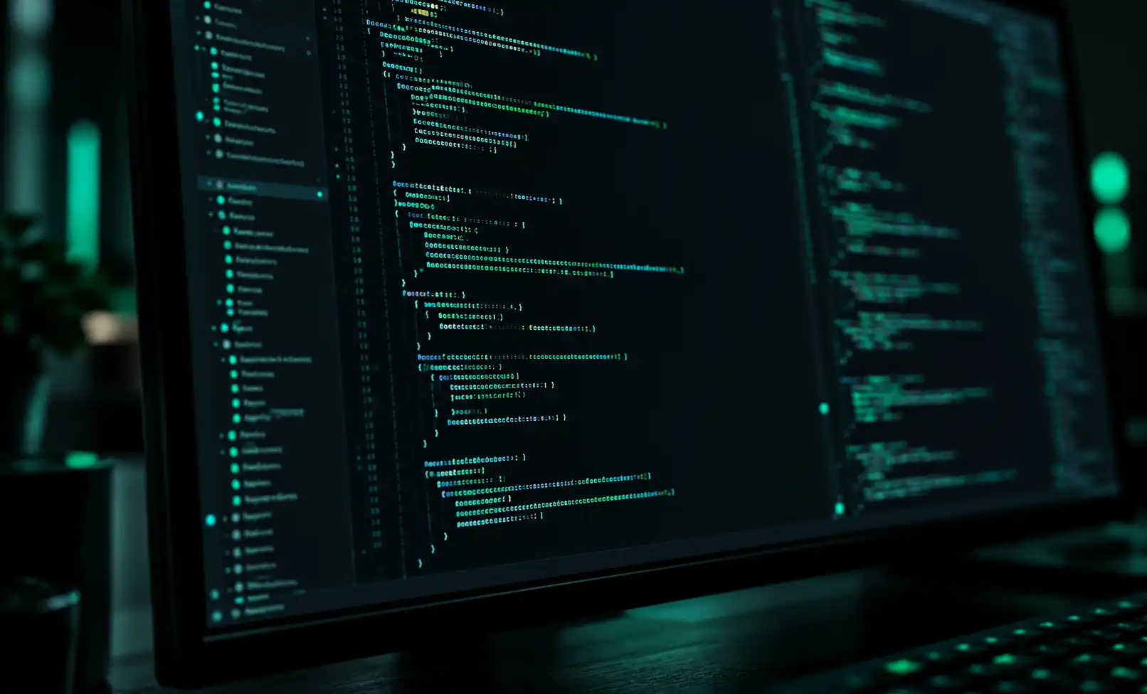 Monitor com código de programação em ambiente escuro
