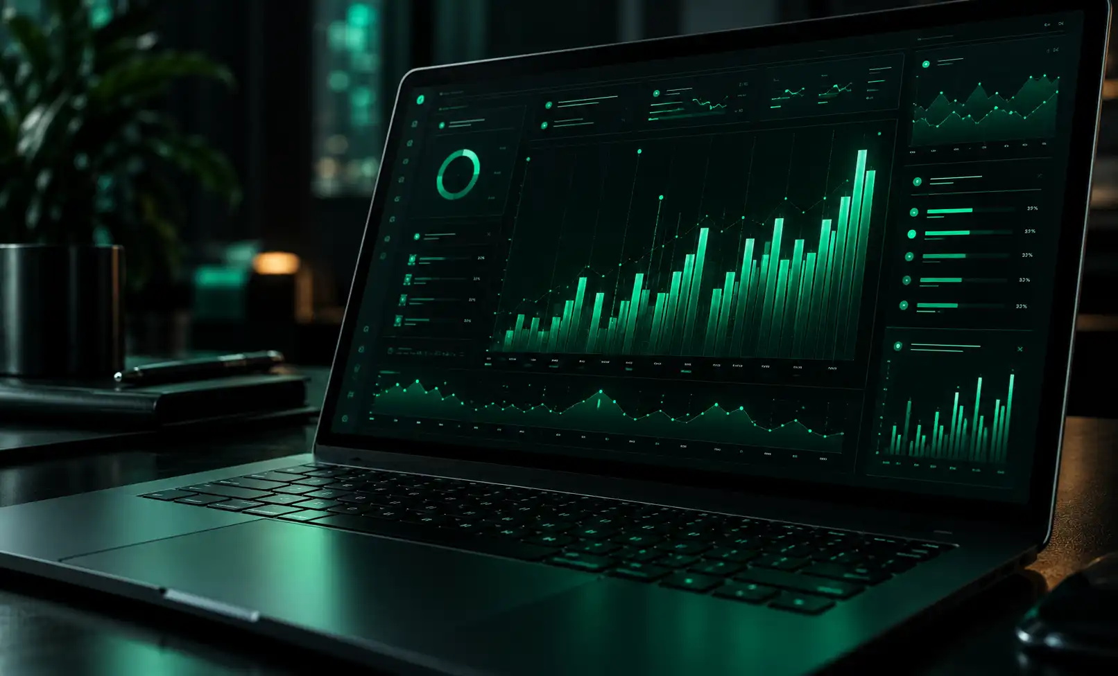 Notebook com painel de métricas e gráficos de marketing